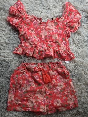 BearPaw Coral Floral Ruffle Top & Shorts Set